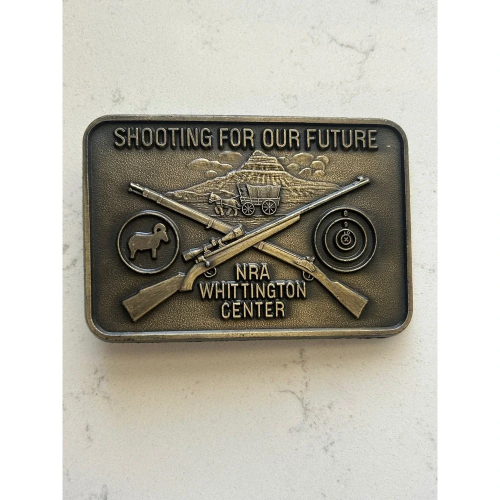 NRA Whittington Center Belt Buckle Shooting For Our Future Crossed Rifles Brass‎